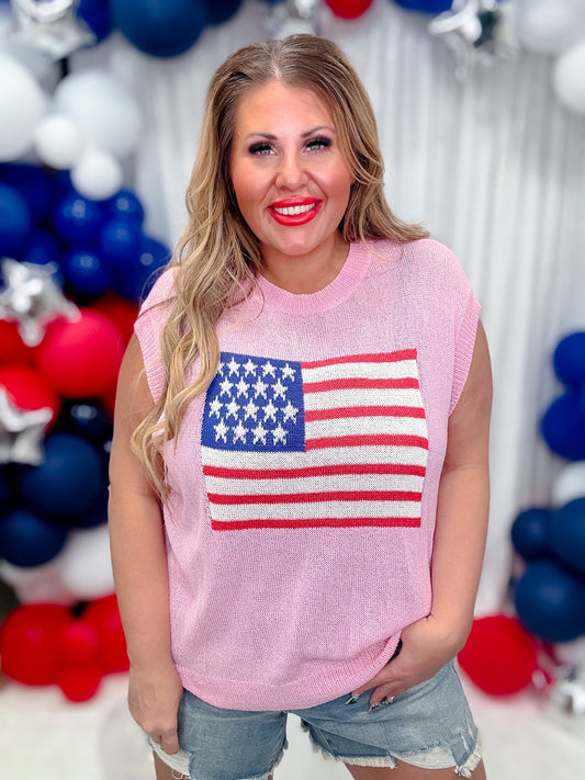 Pink American Flag Drop Shoulder Knit Pullover - Whiskey Skies - SWEET GENERIS