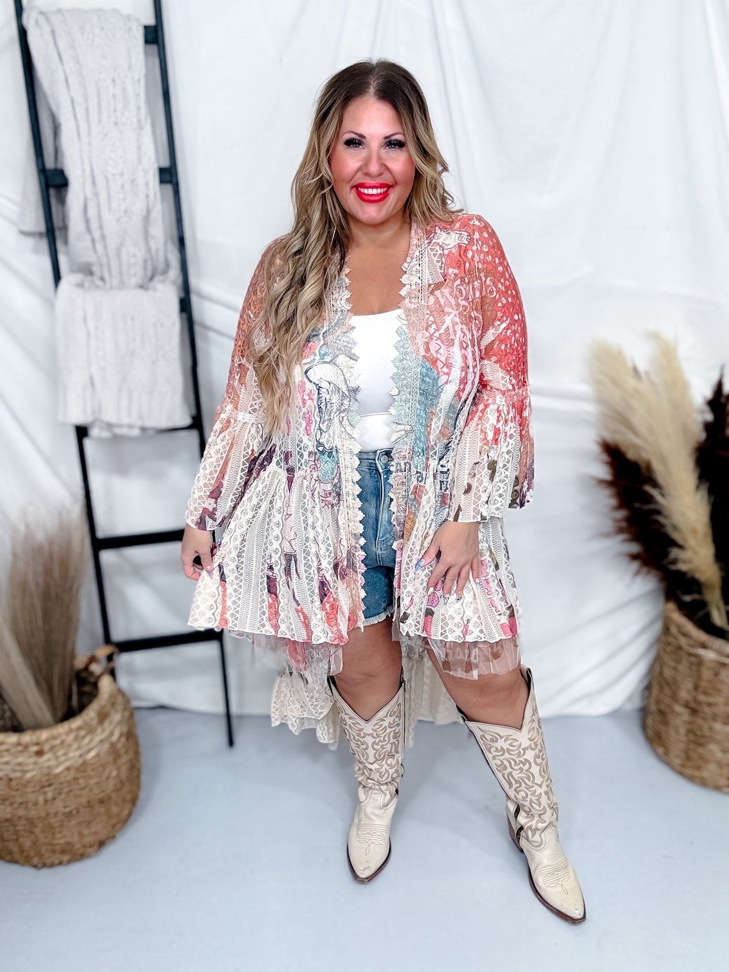 Pink and Beige "Howdy" Lace Cardigan - Whiskey Skies - ORIGAMI APPAREL