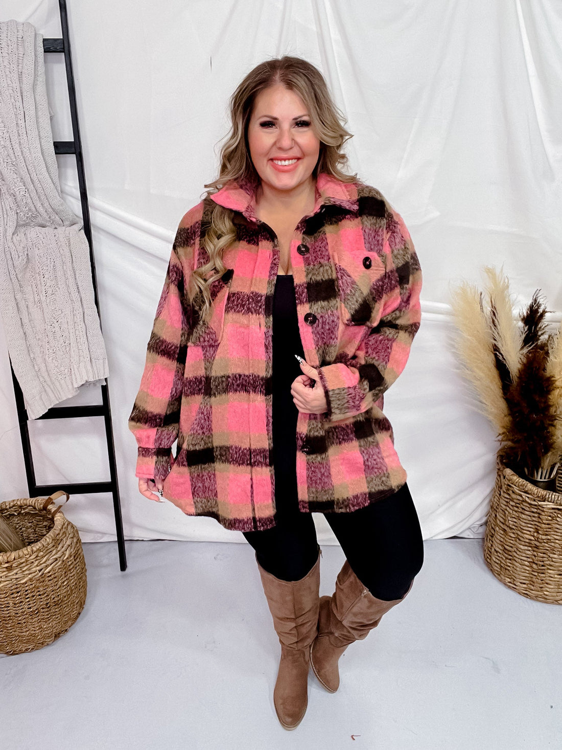 Pink and Black Plaid Button Down Jacket - Whiskey Skies - WHITE BIRCH