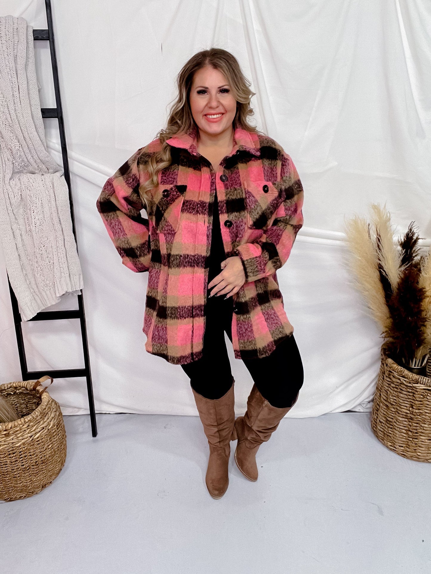 Pink and Black Plaid Button Down Jacket - Whiskey Skies - WHITE BIRCH