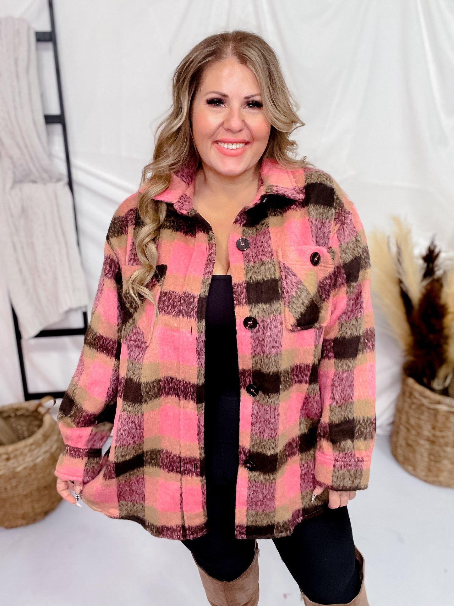 Pink and Black Plaid Button Down Jacket - Whiskey Skies - WHITE BIRCH