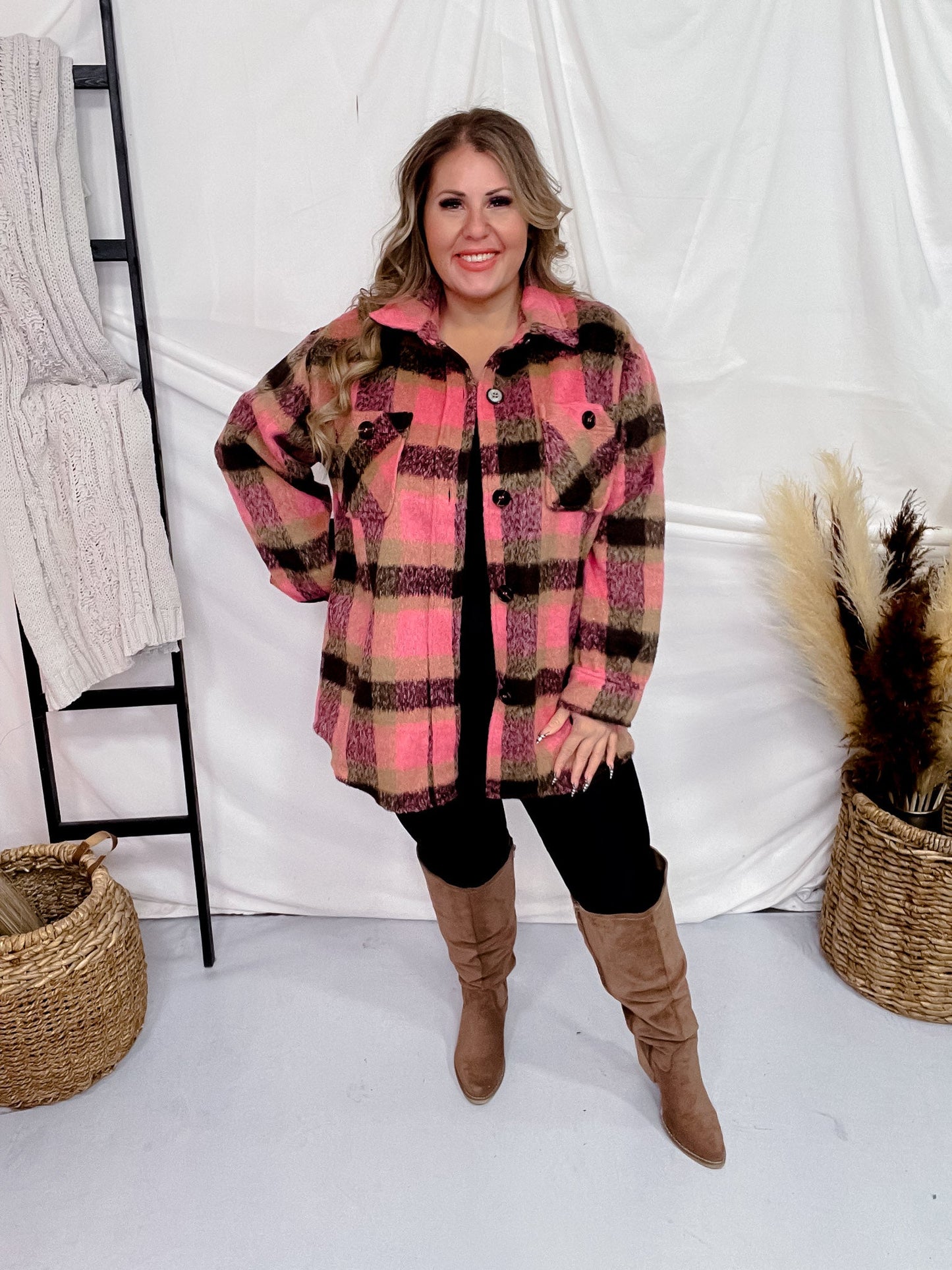 Pink and Black Plaid Button Down Jacket - Whiskey Skies - WHITE BIRCH