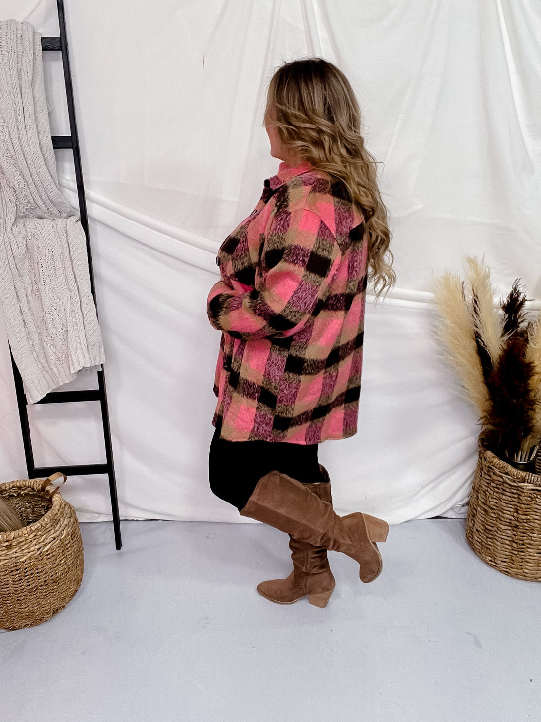 Pink and Black Plaid Button Down Jacket - Whiskey Skies - WHITE BIRCH