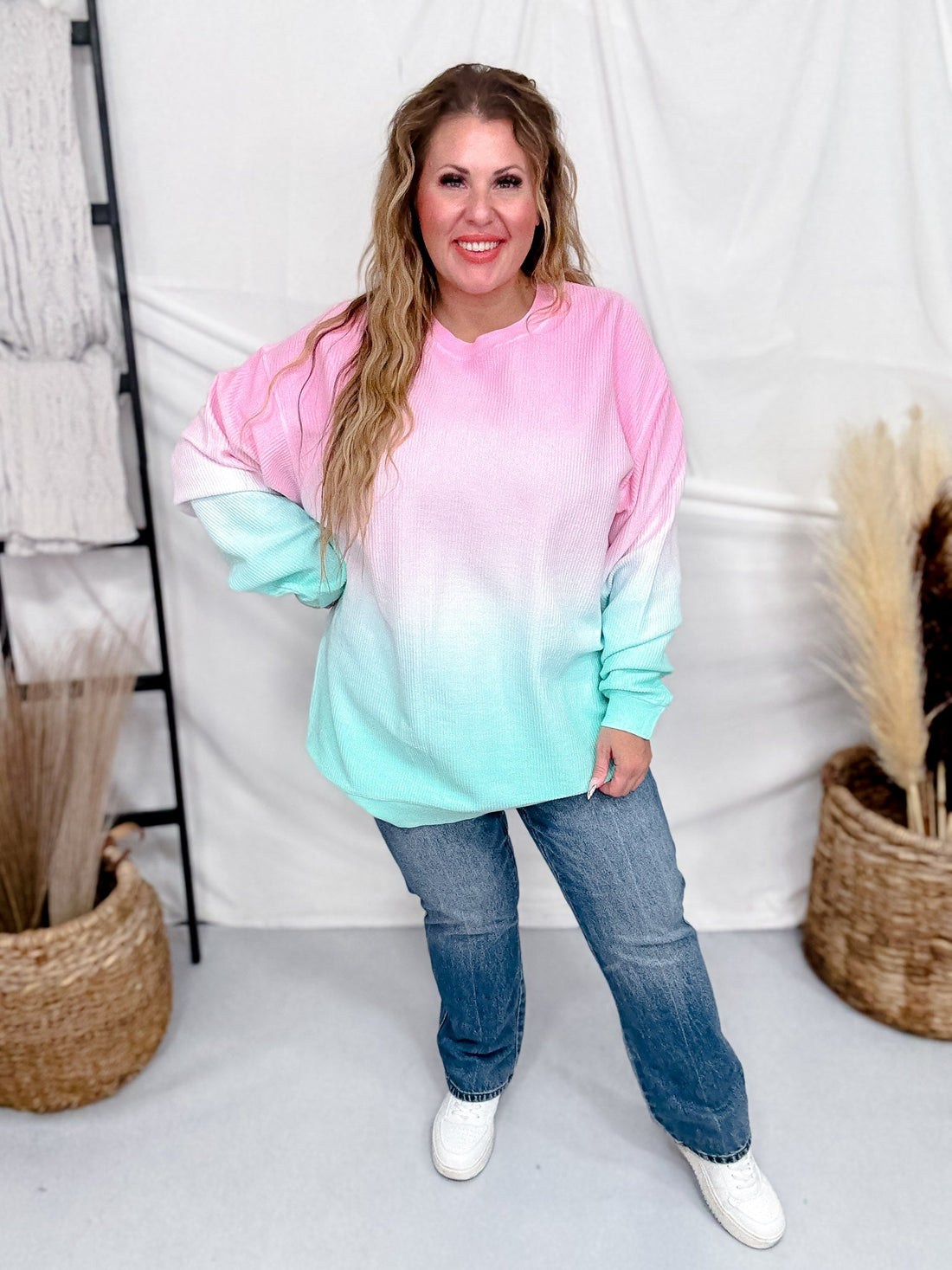 Pink And Mint Ombre Corded Crew Neck Sweatshirt - Whiskey Skies - MOON RYDER