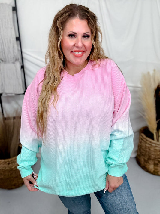 Pink And Mint Ombre Corded Crew Neck Sweatshirt - Whiskey Skies - MOON RYDER