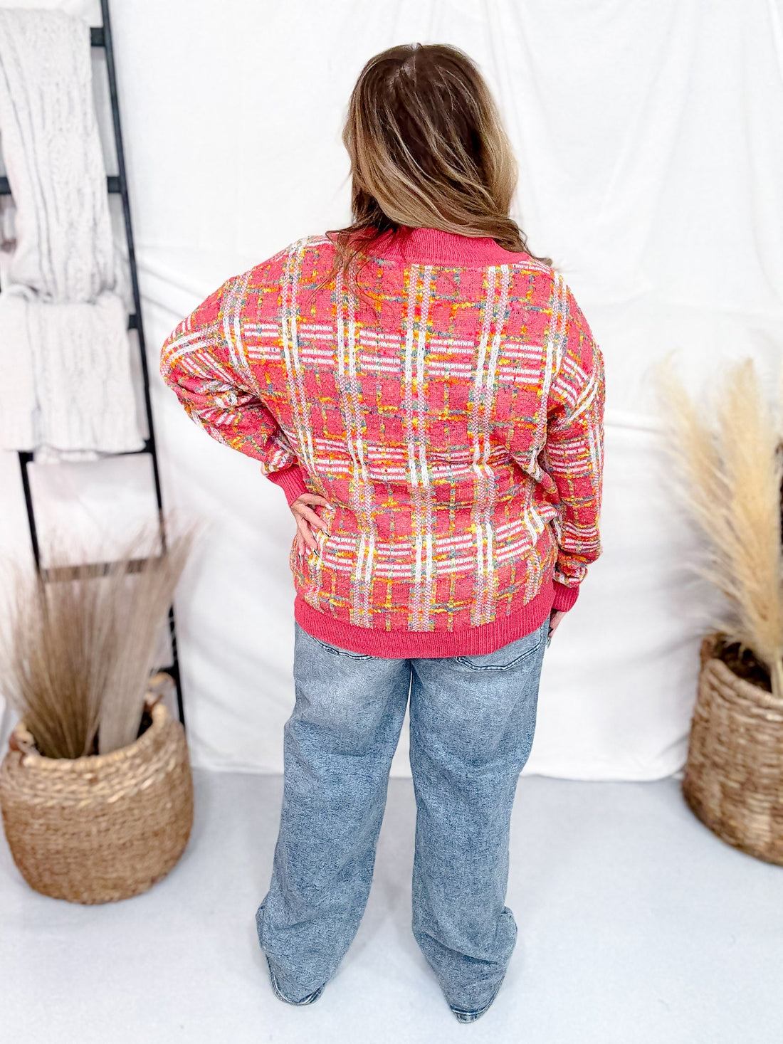 Pink and Rainbow Textured Plaid Sweater - Whiskey Skies - ANDREE BY UNIT