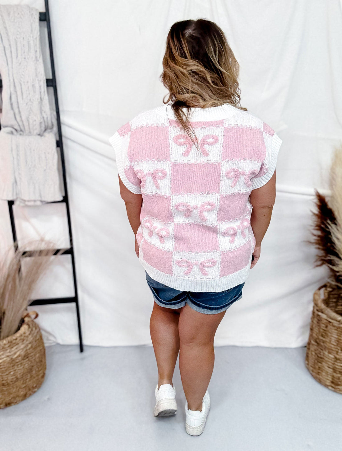 Pink and White Checkered Sweater Vest with Bow Design - Whiskey Skies - ODDI