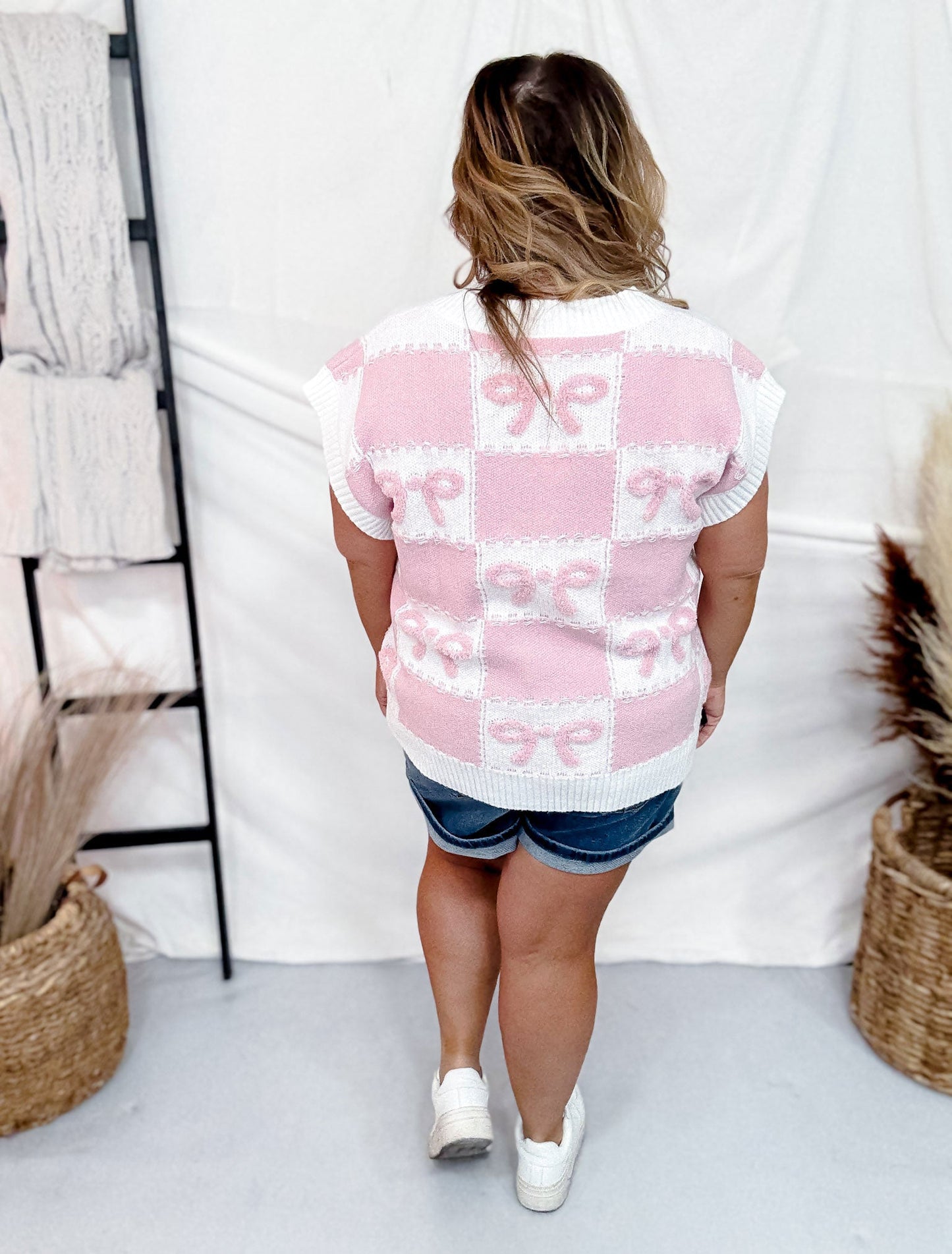 Pink and White Checkered Sweater Vest with Bow Design - Whiskey Skies - ODDI