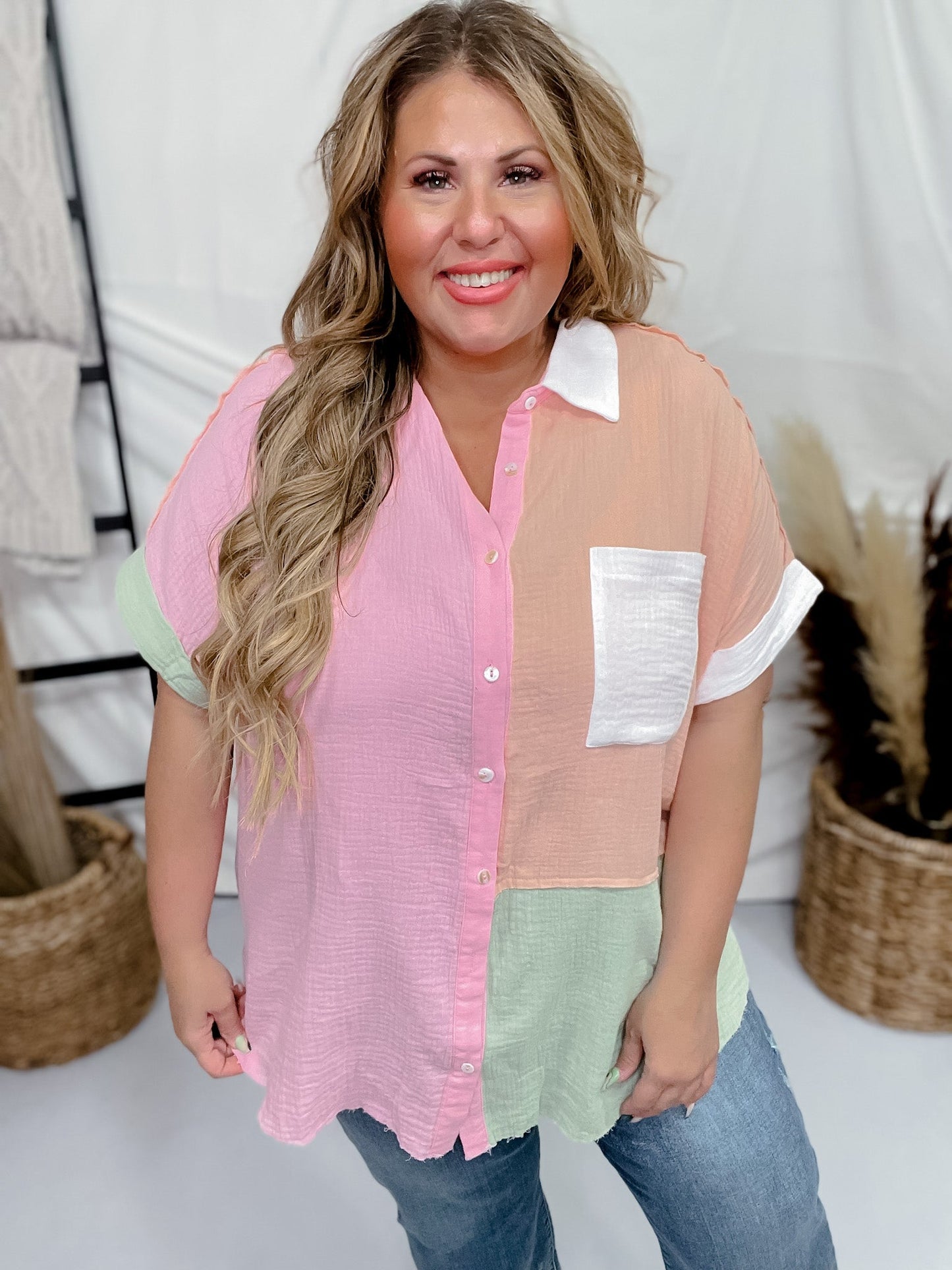 Pink Apricot Colorblock Button Front Top - Whiskey Skies - ANDREE BY UNIT