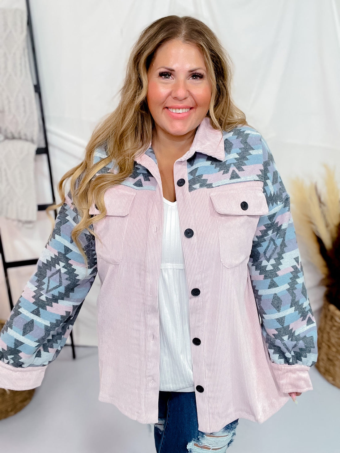 Pink Aztec Button Down Shacket - Whiskey Skies - SOUTHERN GRACE