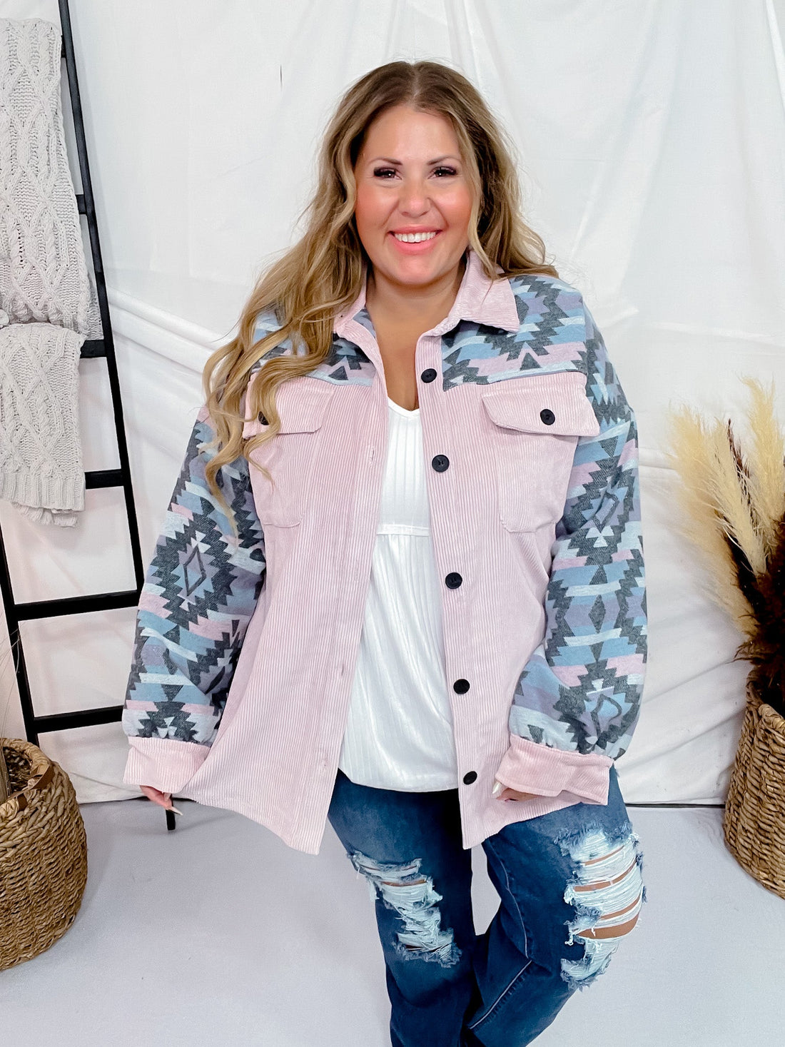 Pink Aztec Button Down Shacket - Whiskey Skies - SOUTHERN GRACE