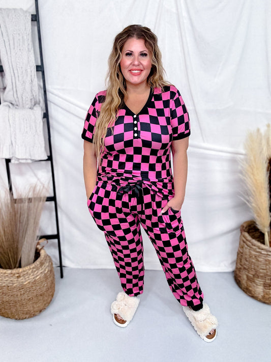Pink & Black Check Short Sleeve Top & Jogger Bottom Loungewear Set - Whiskey Skies - SHIRLEY & STONE