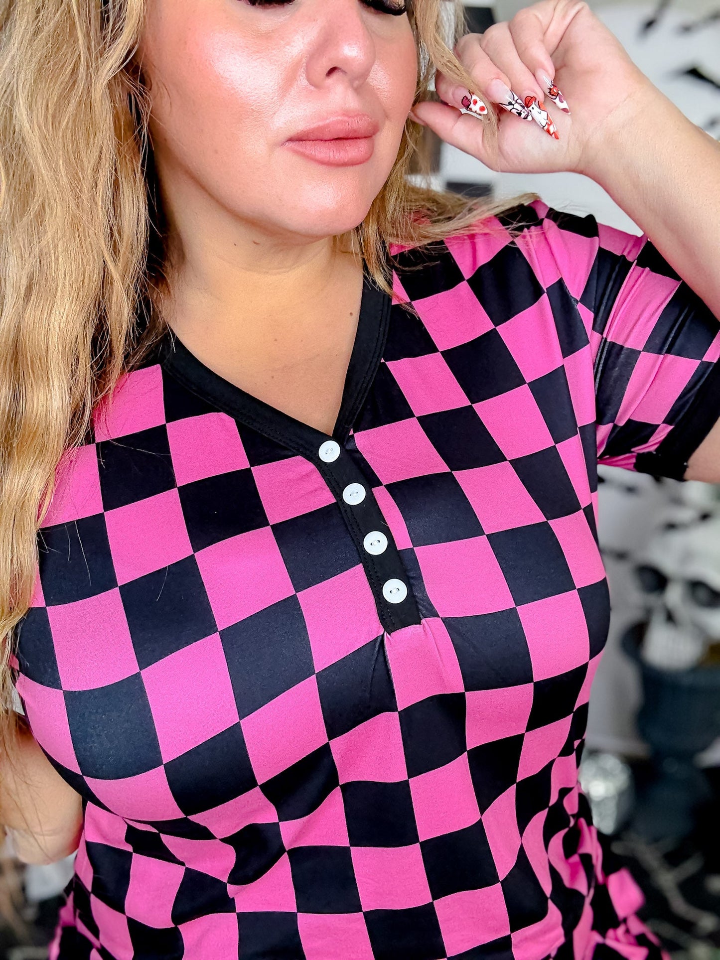 Pink & Black Check Short Sleeve Top & Jogger Bottom Loungewear Set - Whiskey Skies - SHIRLEY & STONE