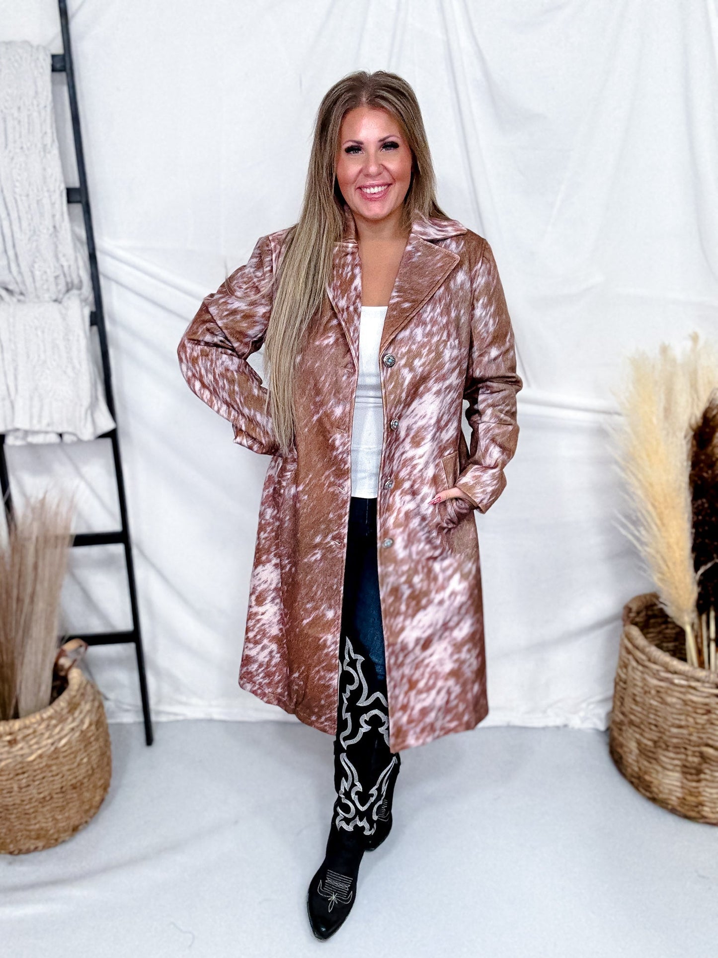 Pink & Brown Cow Print Faux Fur Duster - Whiskey Skies - STERLING KREEK
