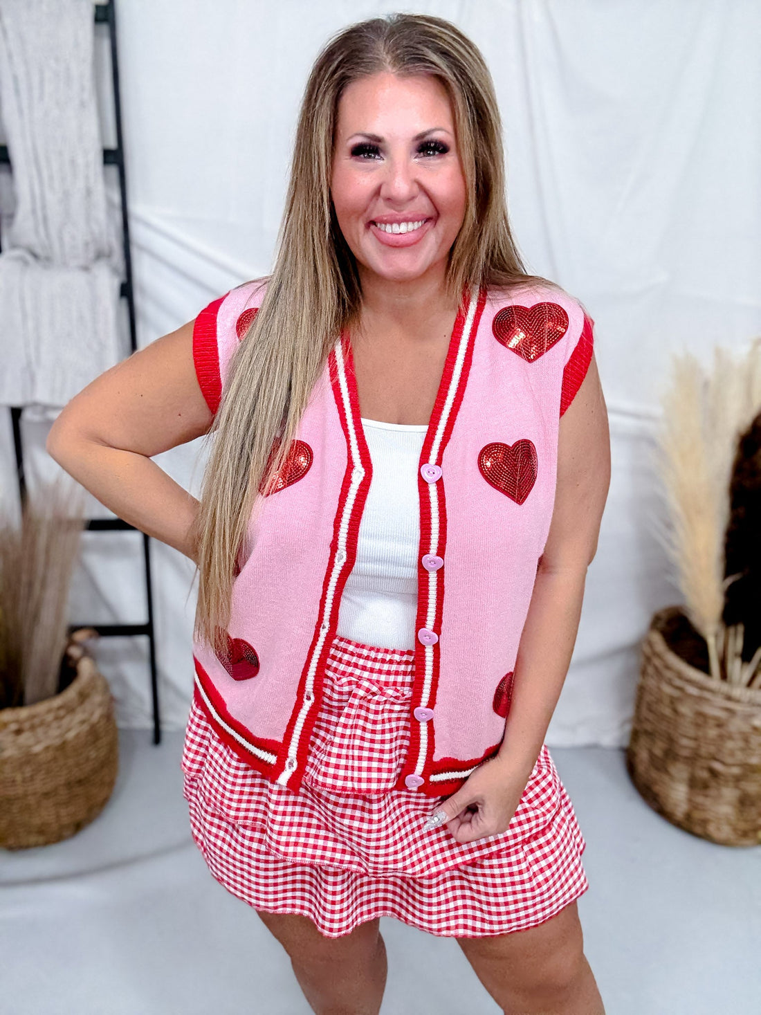 Pink Button Front Sweater Vest With Red Sequin Hearts - Whiskey Skies - SOUTHERN GRACE