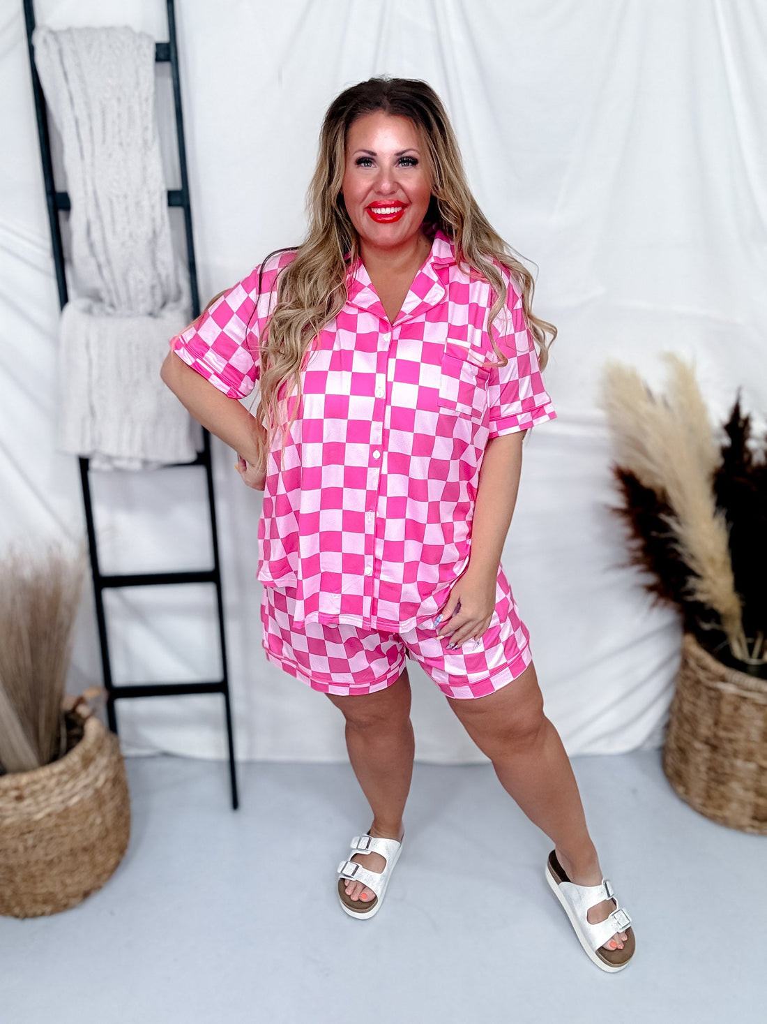 Pink Checkered Button Down Short PJ Loungewear Set - Whiskey Skies - SHIRLEY & STONE
