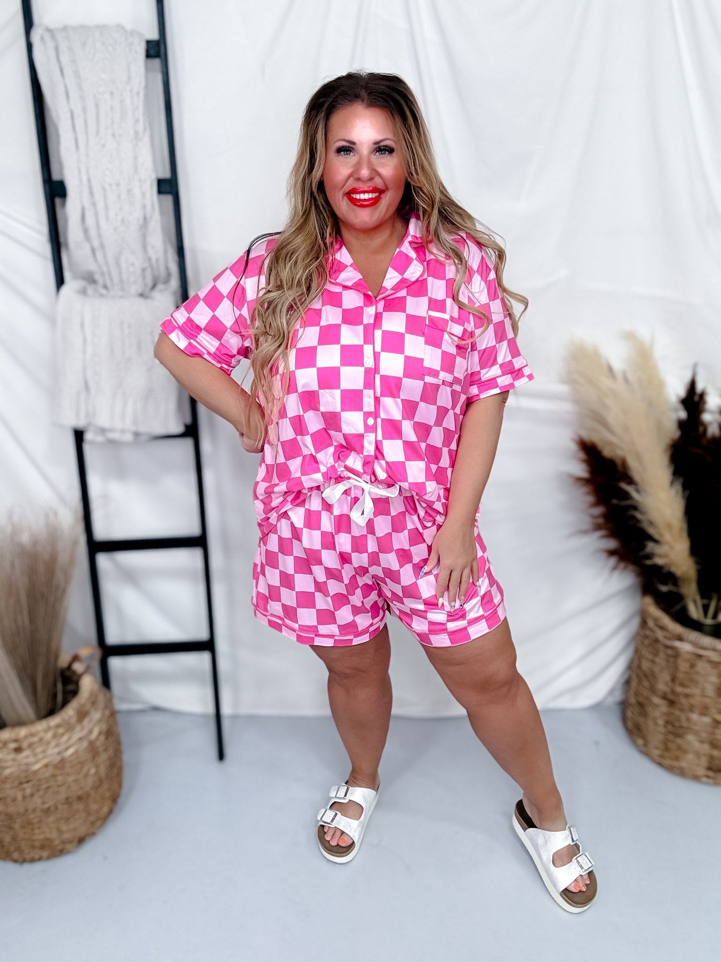 Pink Checkered Button Down Short PJ Loungewear Set - Whiskey Skies - SHIRLEY & STONE