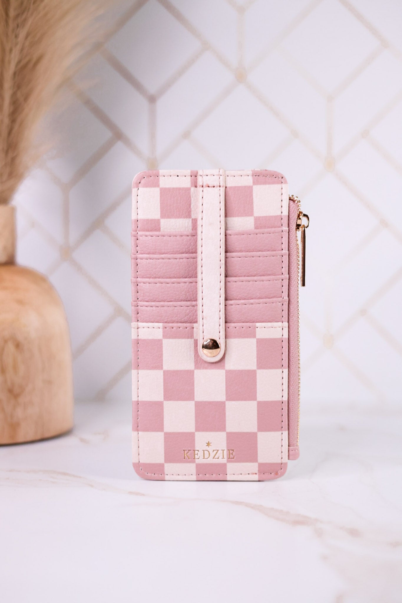 Pink Checkered Essentials Only Zippered Wallet - Whiskey Skies - DM MERCHANDISING