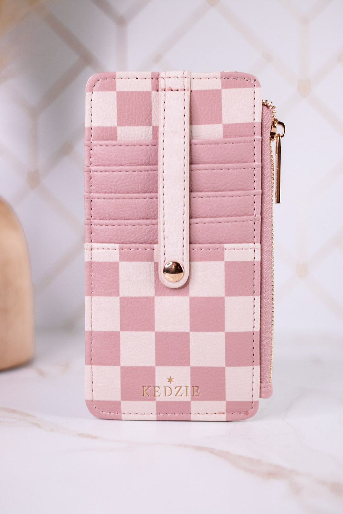 Pink Checkered Essentials Only Zippered Wallet - Whiskey Skies - DM MERCHANDISING