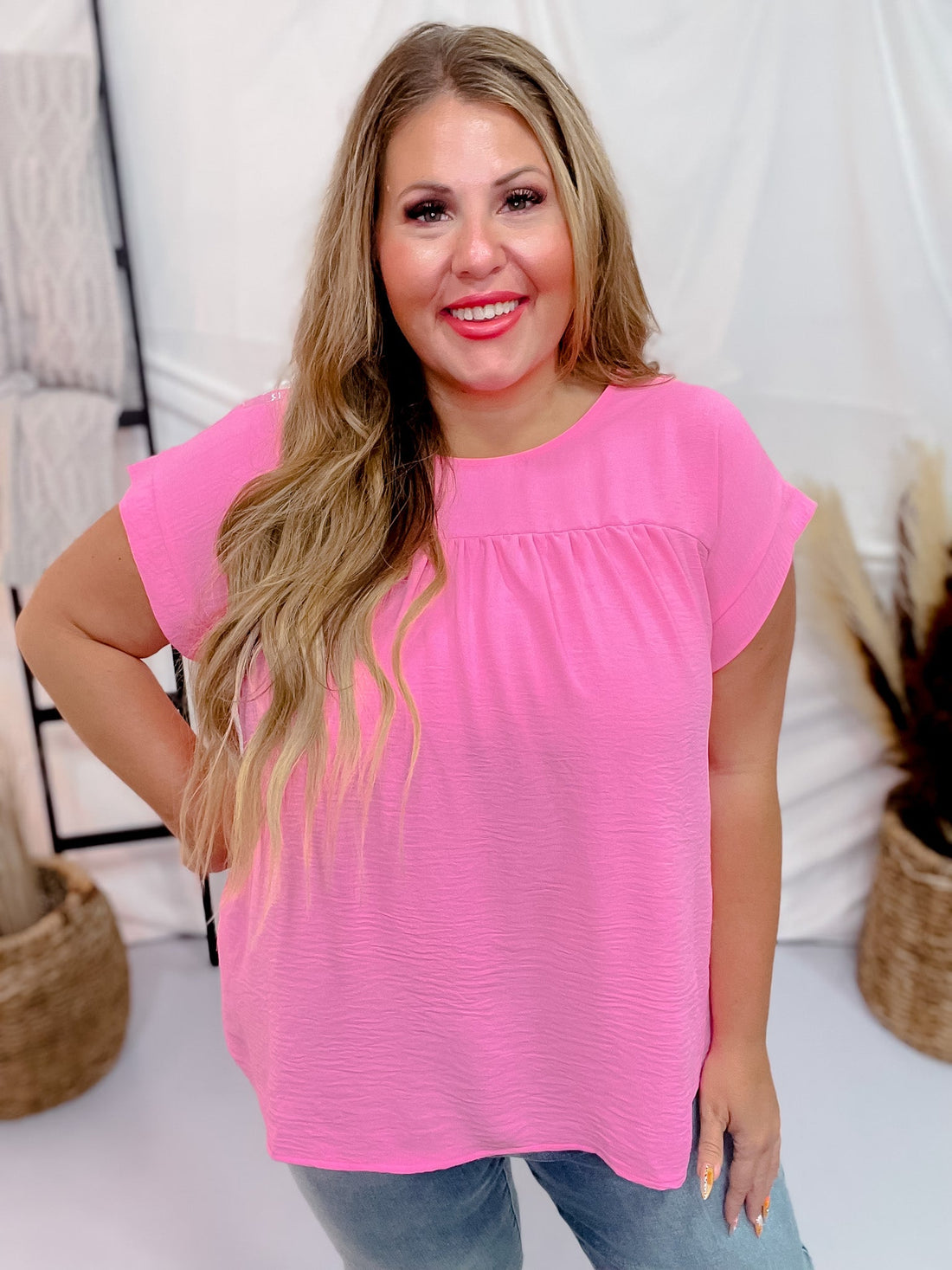 Pink Cosmos Round Neck Babydoll Top with Banded Sleeves - Whiskey Skies - ANDREE BY UNIT