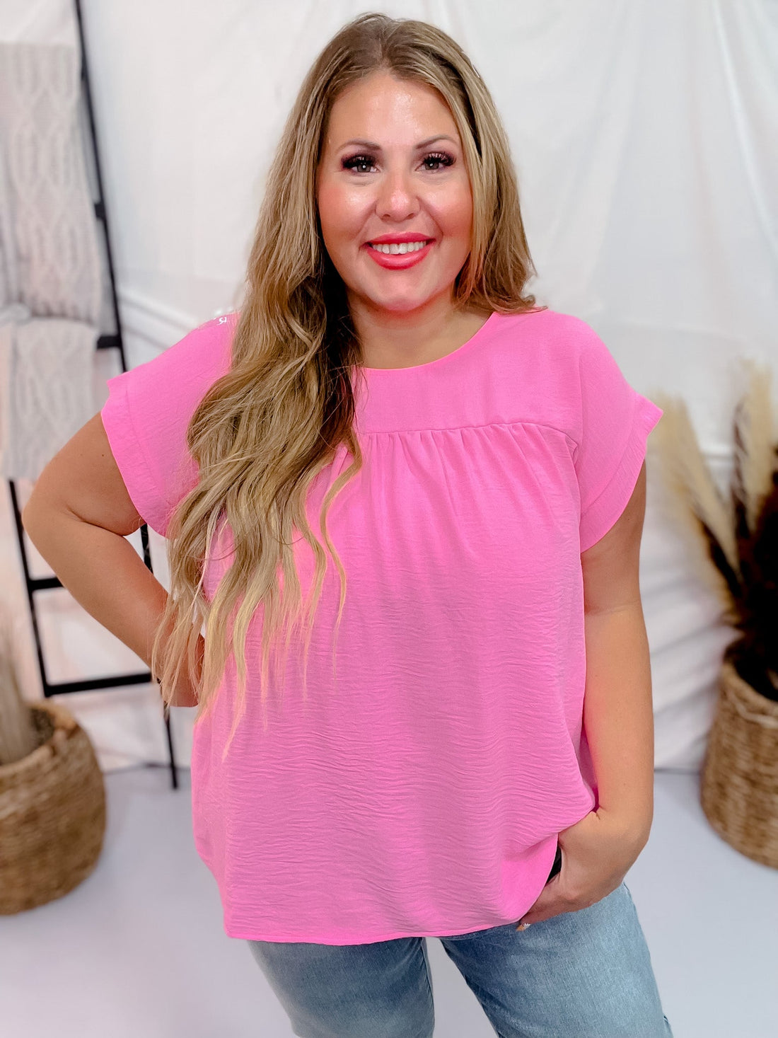 Pink Cosmos Round Neck Babydoll Top with Banded Sleeves - Whiskey Skies - ANDREE BY UNIT