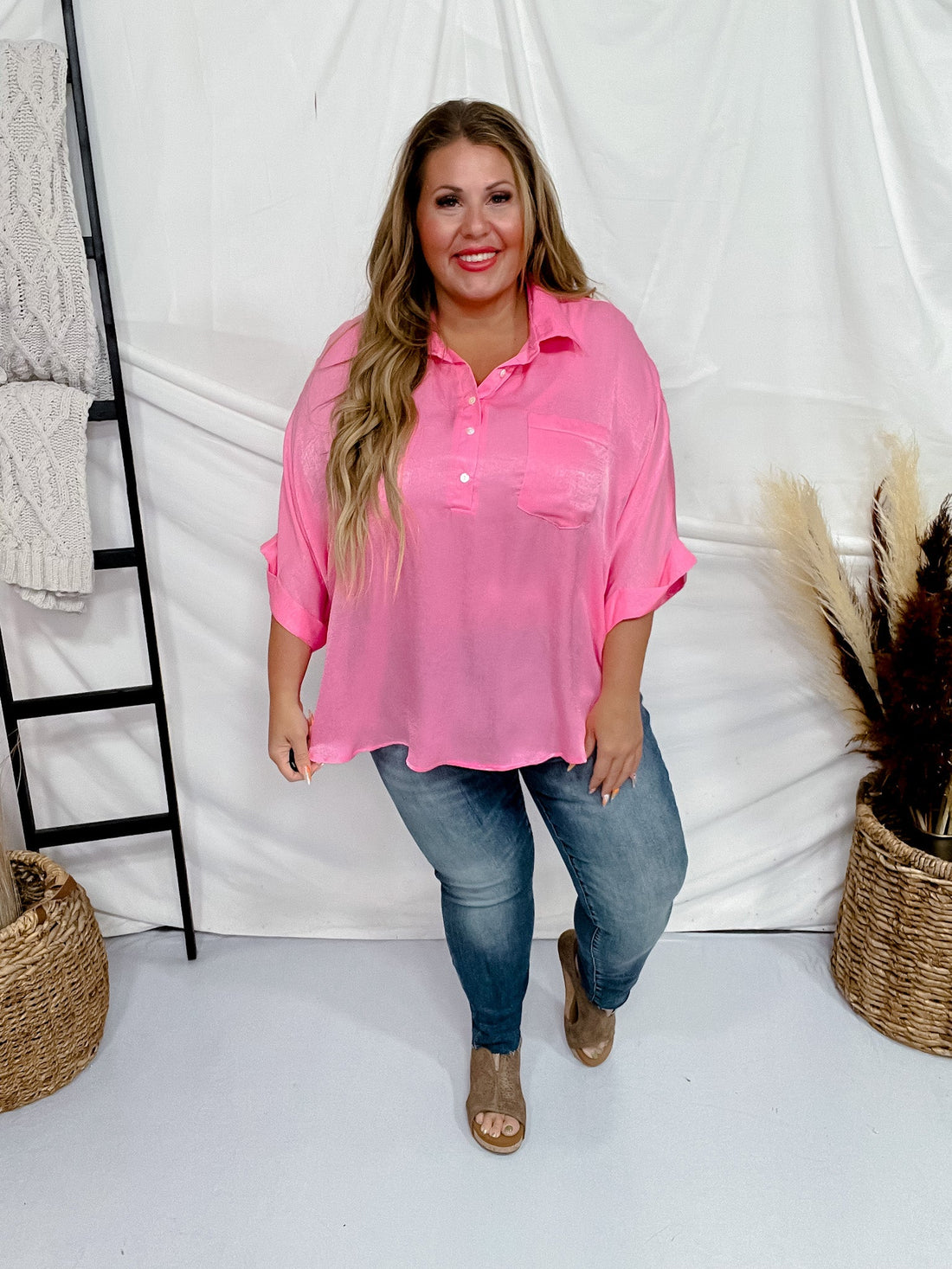Pink Cosmos Satin Feel Oversized Top with Dolman Sleeves - Whiskey Skies - ANDREE BY UNIT