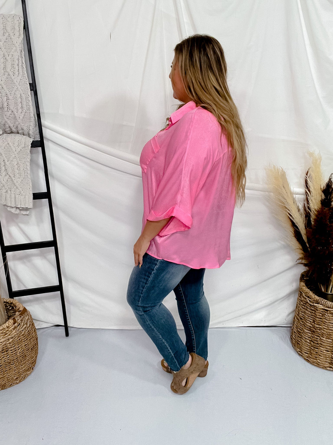 Pink Cosmos Satin Feel Oversized Top with Dolman Sleeves - Whiskey Skies - ANDREE BY UNIT