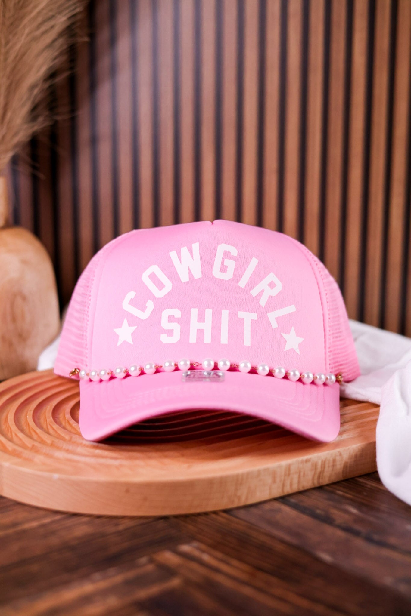 Pink "Cowgirl Shit" Trucker Hat With Pearl Hat Chain - Whiskey Skies - TRASH FLOWERS TRUCKER HATS