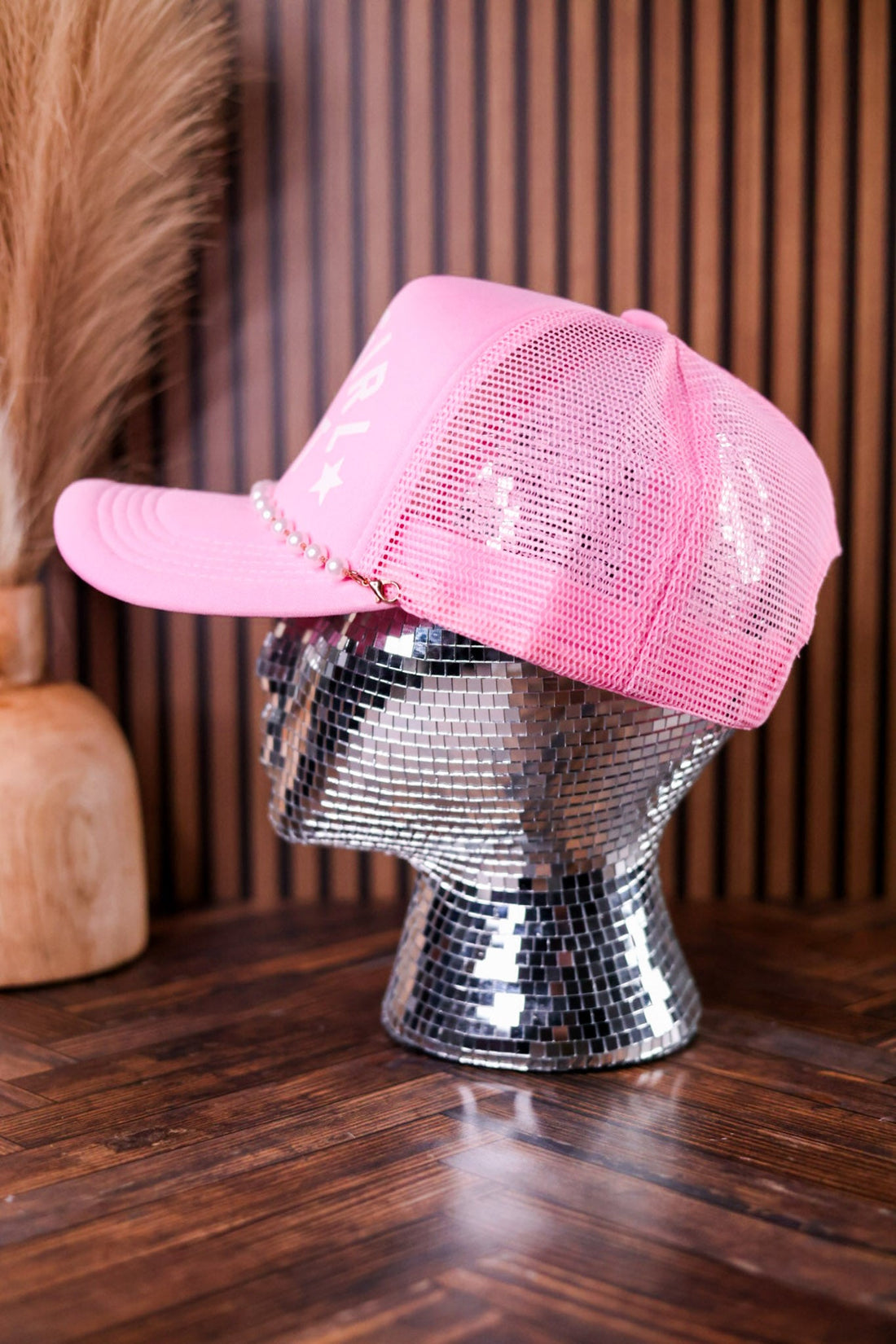 Pink "Cowgirl Shit" Trucker Hat With Pearl Hat Chain - Whiskey Skies - TRASH FLOWERS TRUCKER HATS