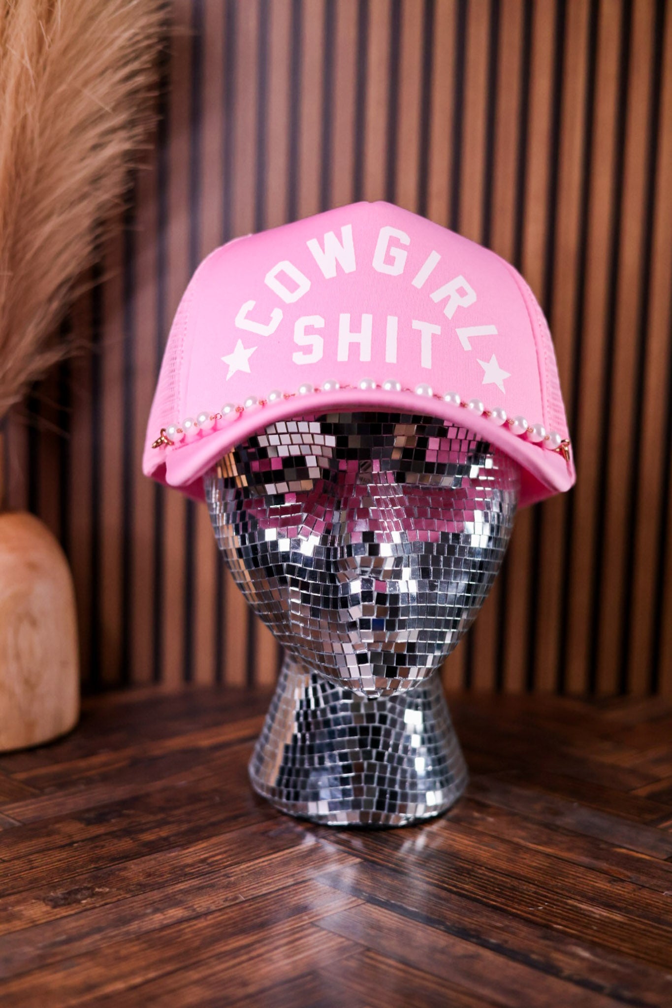 Pink "Cowgirl Shit" Trucker Hat With Pearl Hat Chain - Whiskey Skies - TRASH FLOWERS TRUCKER HATS