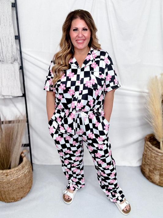 Pink Daisy Black & White Checkered Loungewear Set - Whiskey Skies - SHIRLEY & STONE