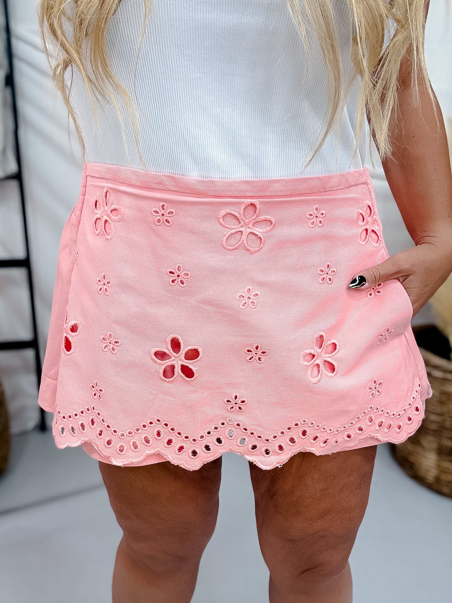 Pink Denim Eyelet Skort - Whiskey Skies - POLAGRAM + BAEVELY