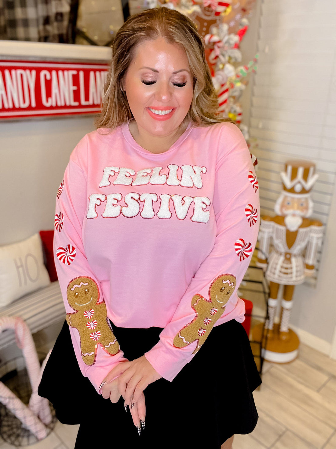 Pink Feelin' Festive Long Sleeve Sweater - Whiskey Skies - SOUTHERN GRACE