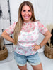 Pink Floral High Neckline Mesh Top With Short Sleeves - Whiskey Skies - BIBI