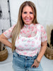Pink Floral High Neckline Mesh Top With Short Sleeves - Whiskey Skies - BIBI