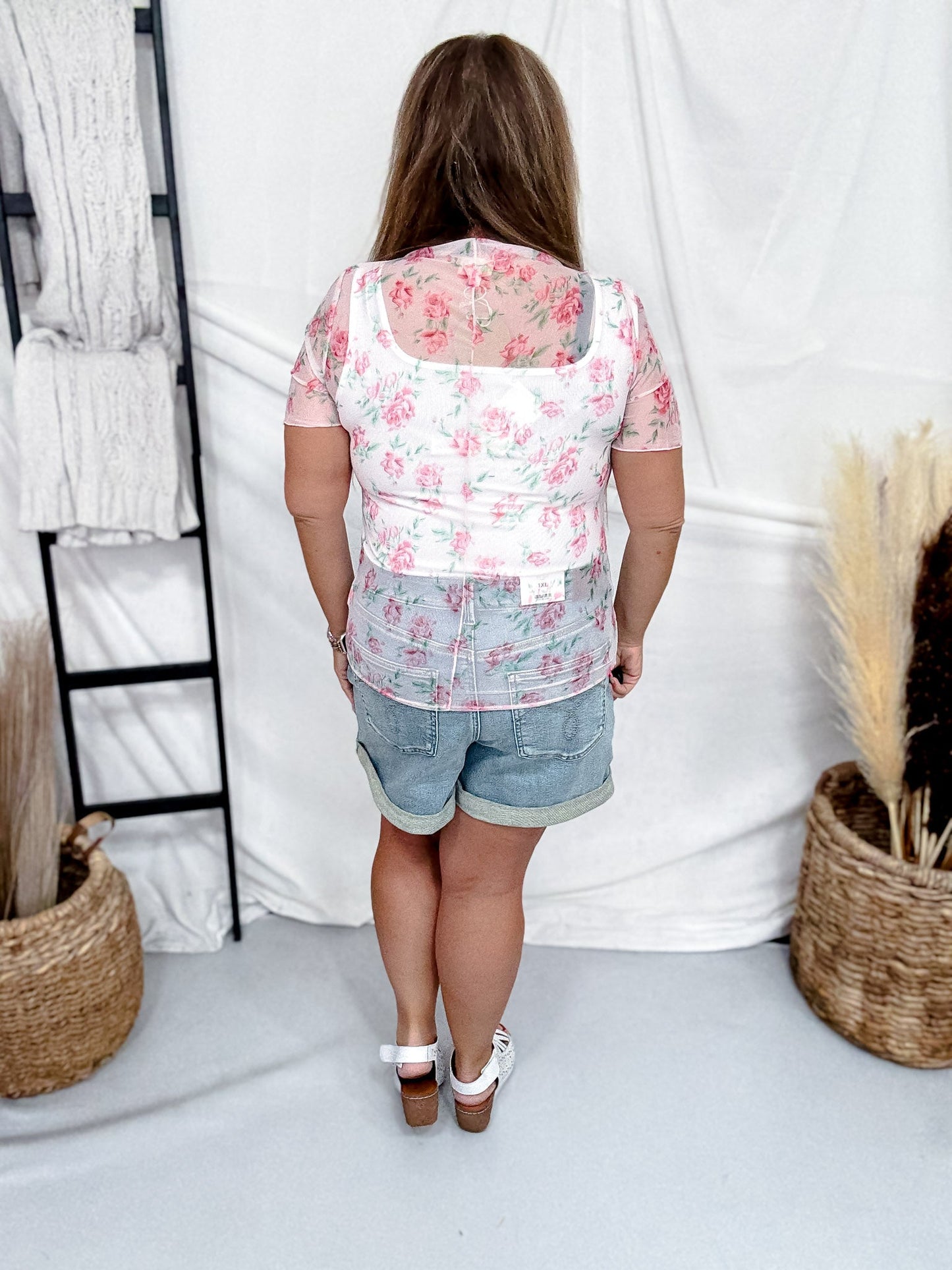Pink Floral High Neckline Mesh Top With Short Sleeves - Whiskey Skies - BIBI