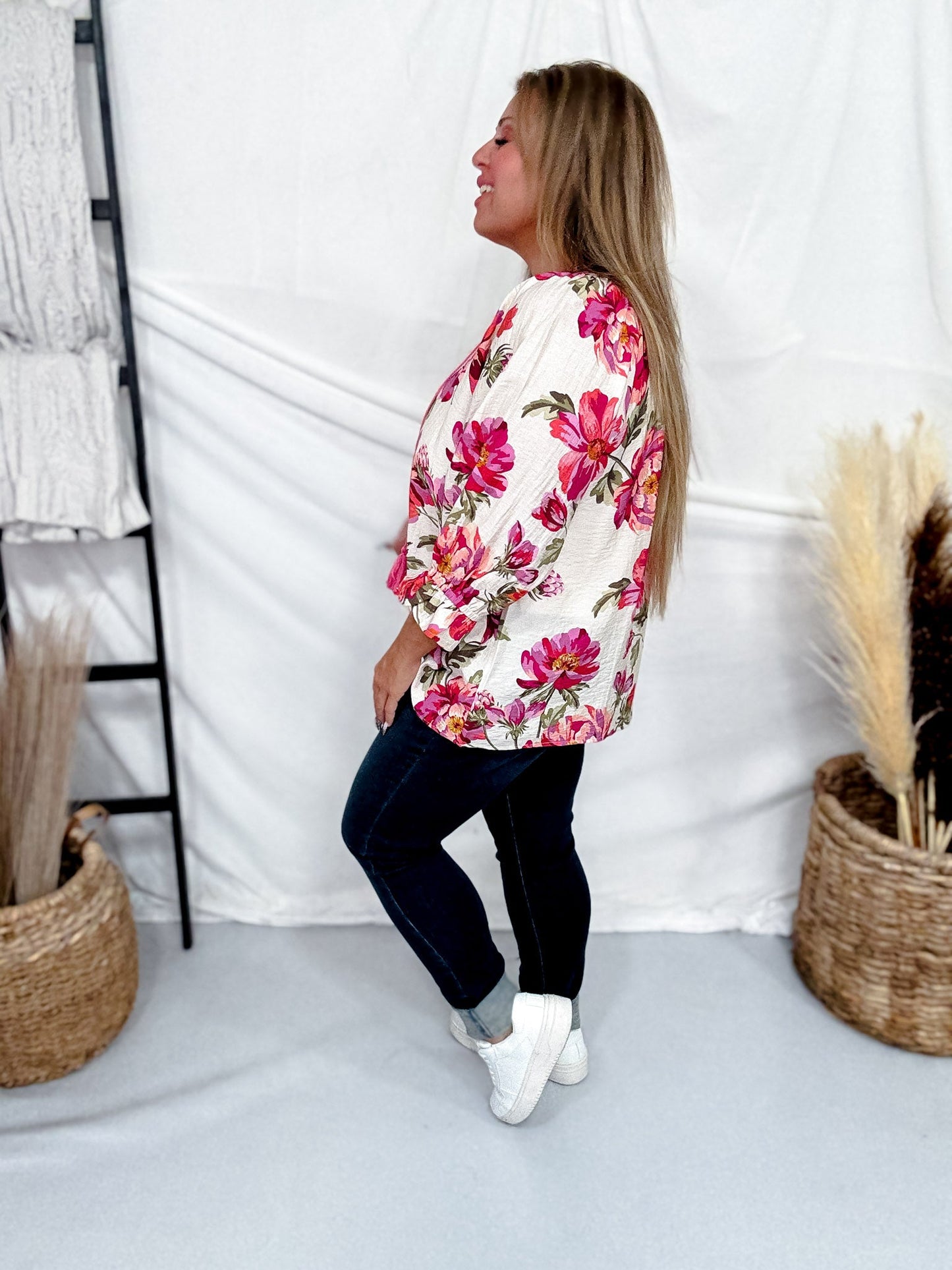 Pink Floral Print Peasant Blouse - Whiskey Skies - ODDI