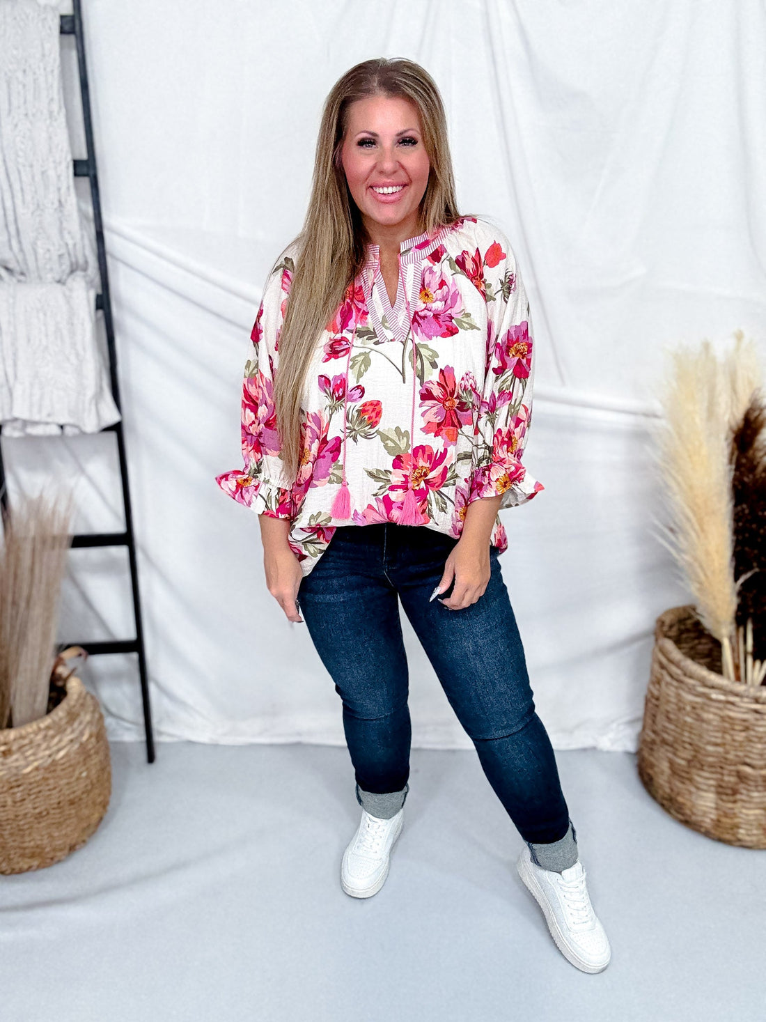 Pink Floral Print Peasant Blouse - Whiskey Skies - ODDI