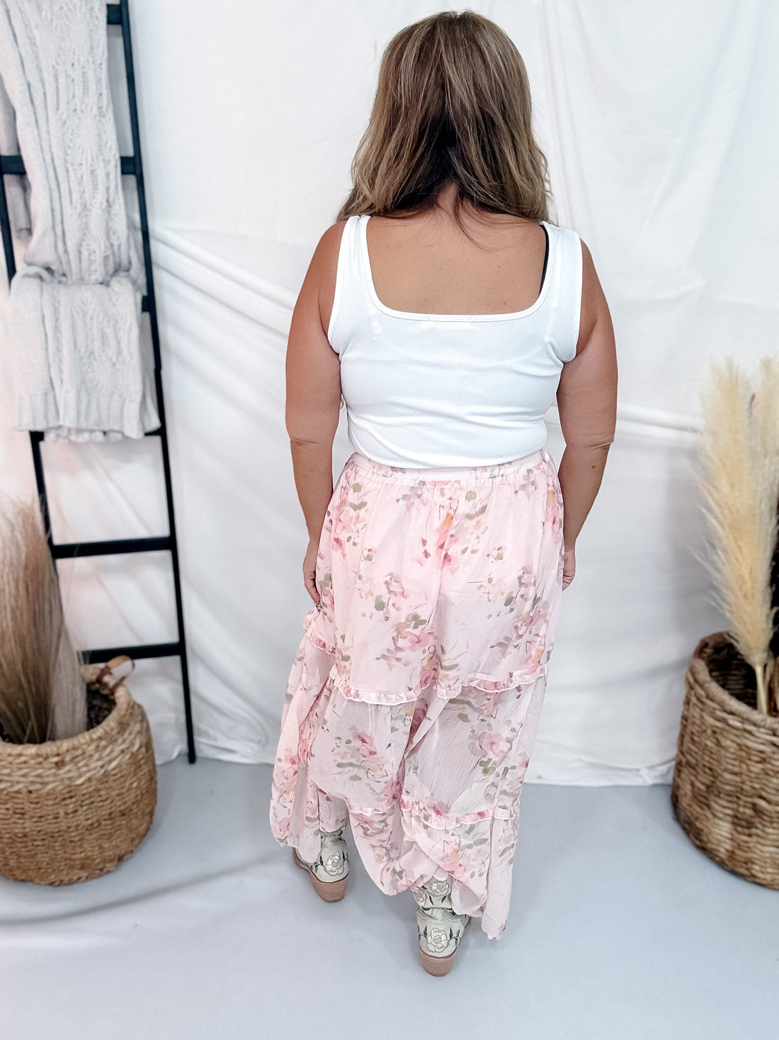 Pink Floral Print Ruffle Detail Midi Skirt - Whiskey Skies - POLAGRAM + BAEVELY