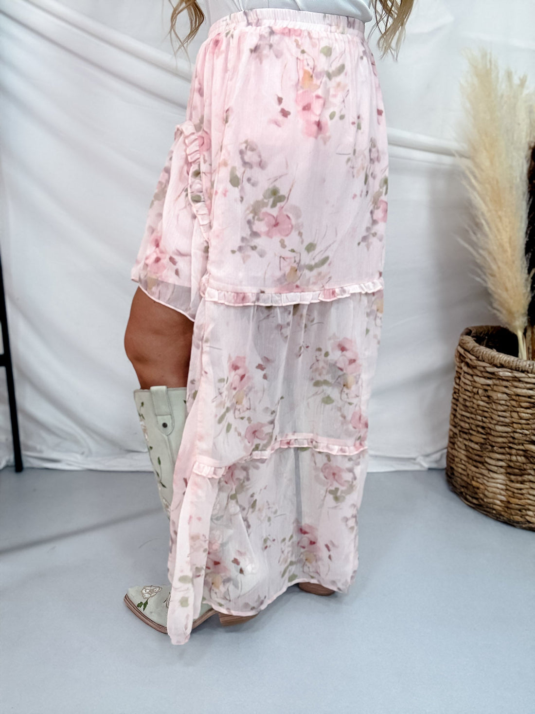 Pink Floral Print Ruffle Detail Midi Skirt - Whiskey Skies - POLAGRAM + BAEVELY