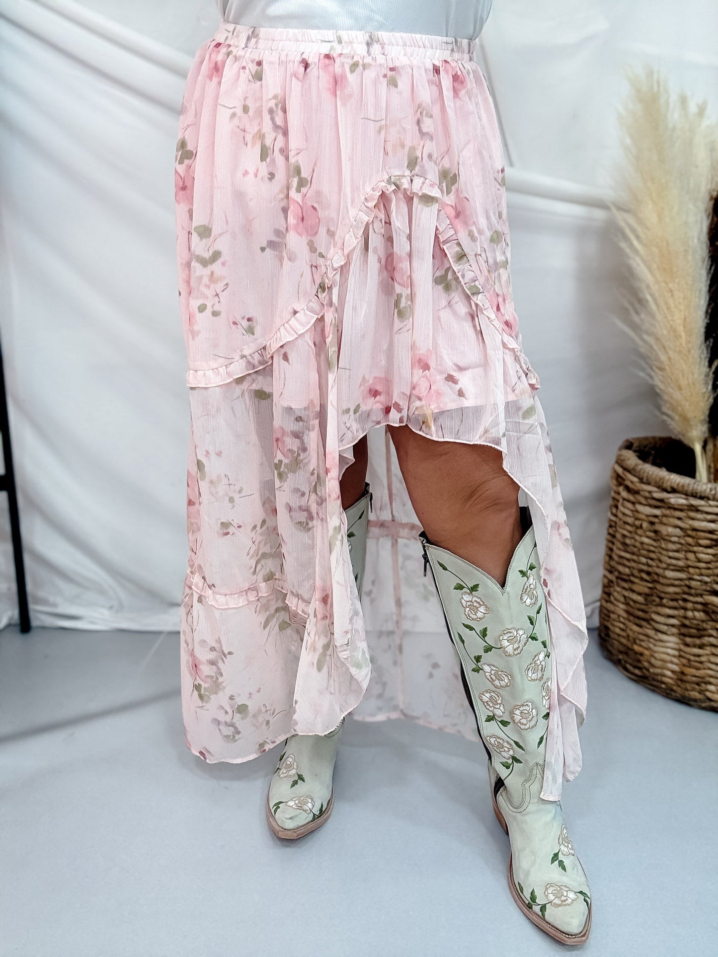 Pink Floral Print Ruffle Detail Midi Skirt - Whiskey Skies - POLAGRAM + BAEVELY