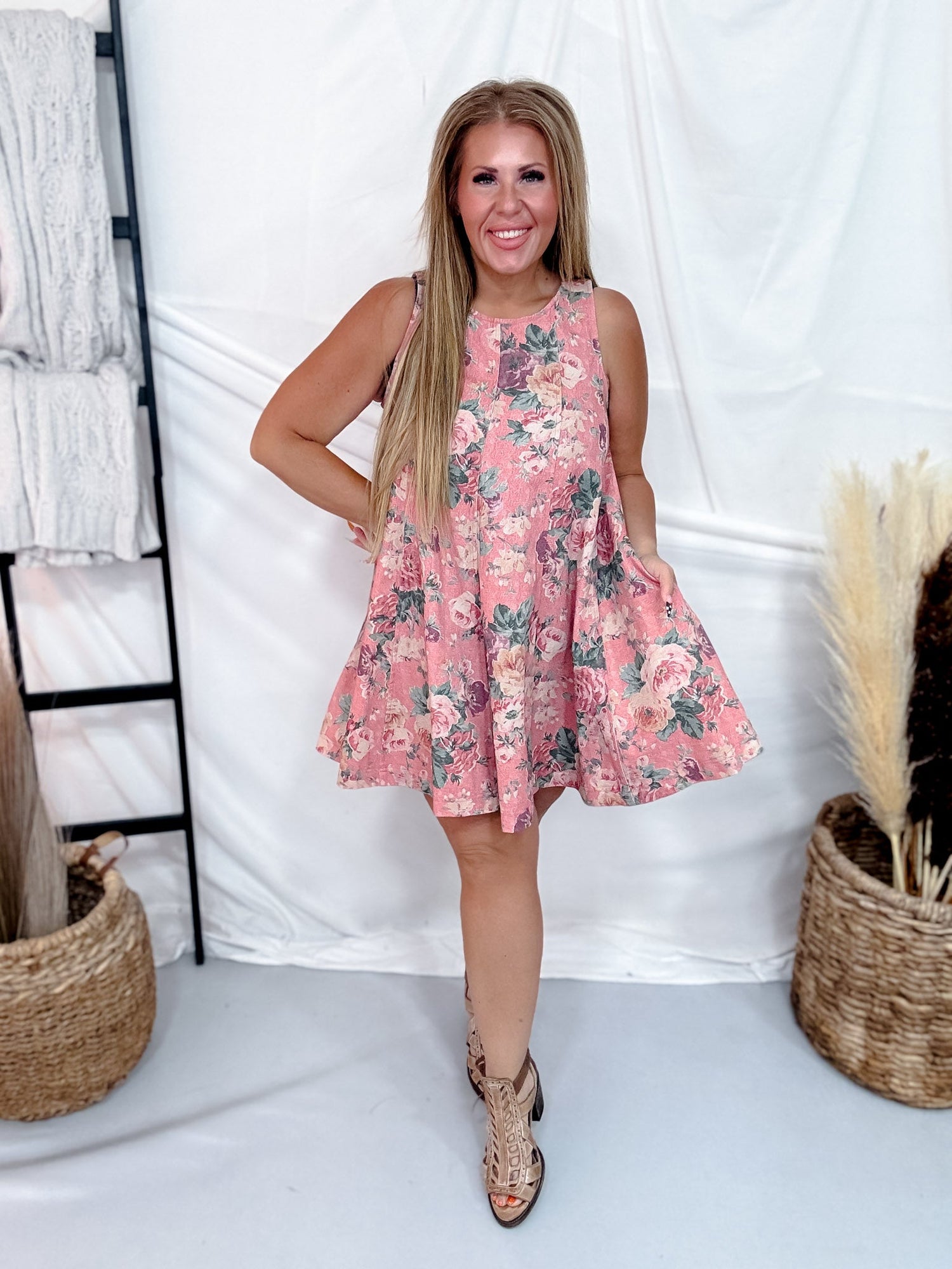 Pink Floral Sleeveless Trapeze Dress MEDIUM