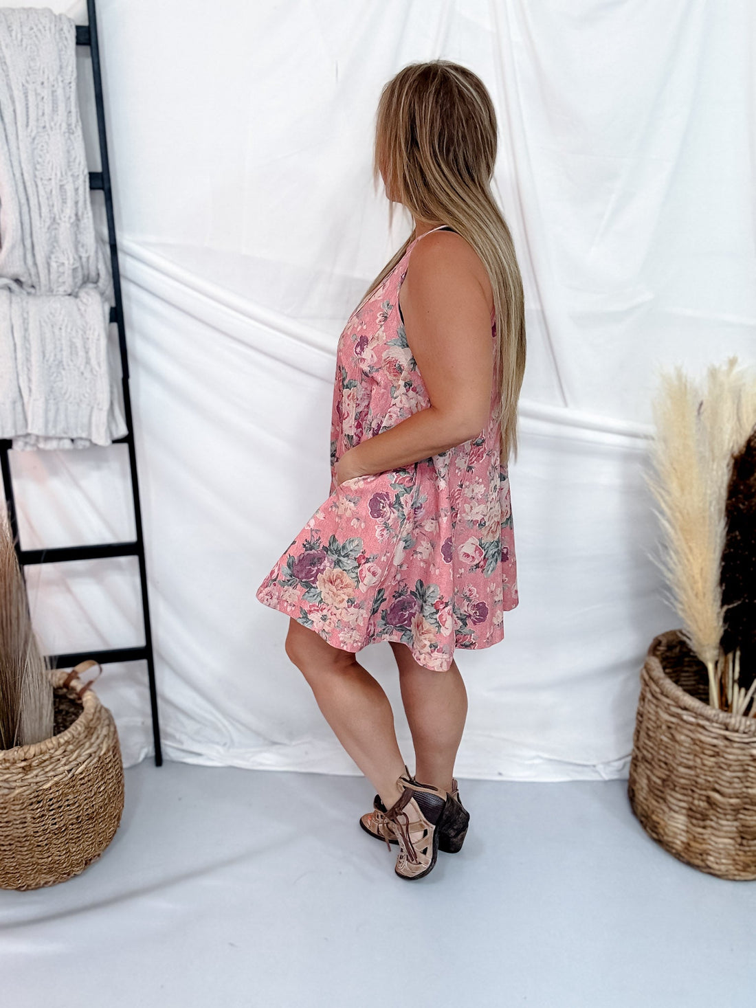 Pink Floral Sleeveless Trapeze Dress - Whiskey Skies - J.NNA
