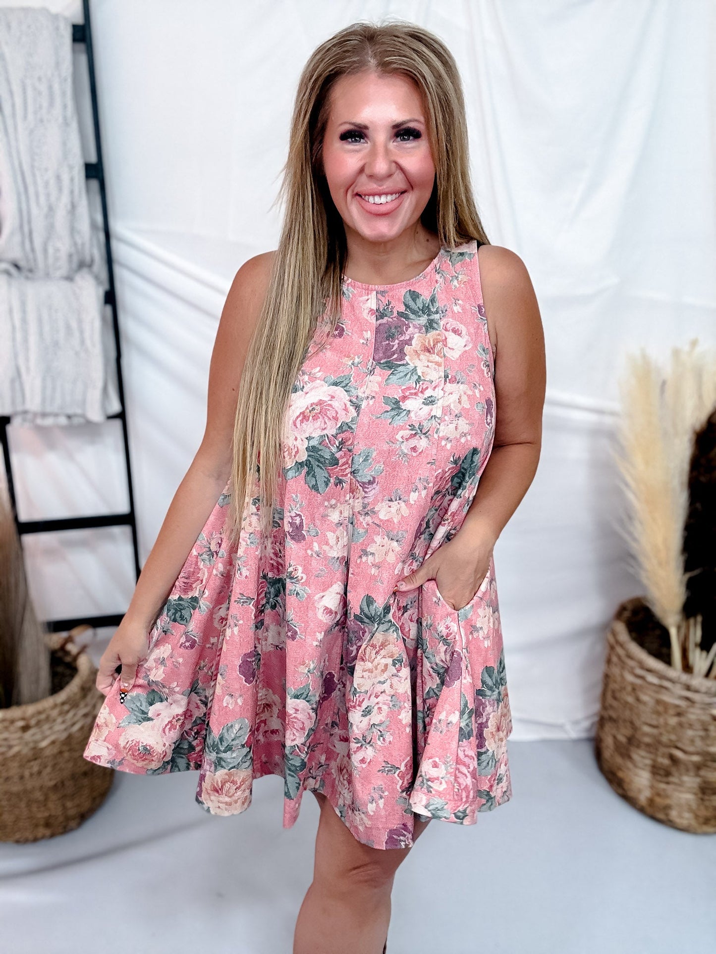 Pink Floral Sleeveless Trapeze Dress - Whiskey Skies - J.NNA