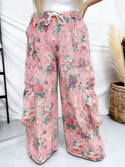 Pink Floral Wide Leg Denim Pants With Drawstring Waist - Whiskey Skies - DAVI & DANI