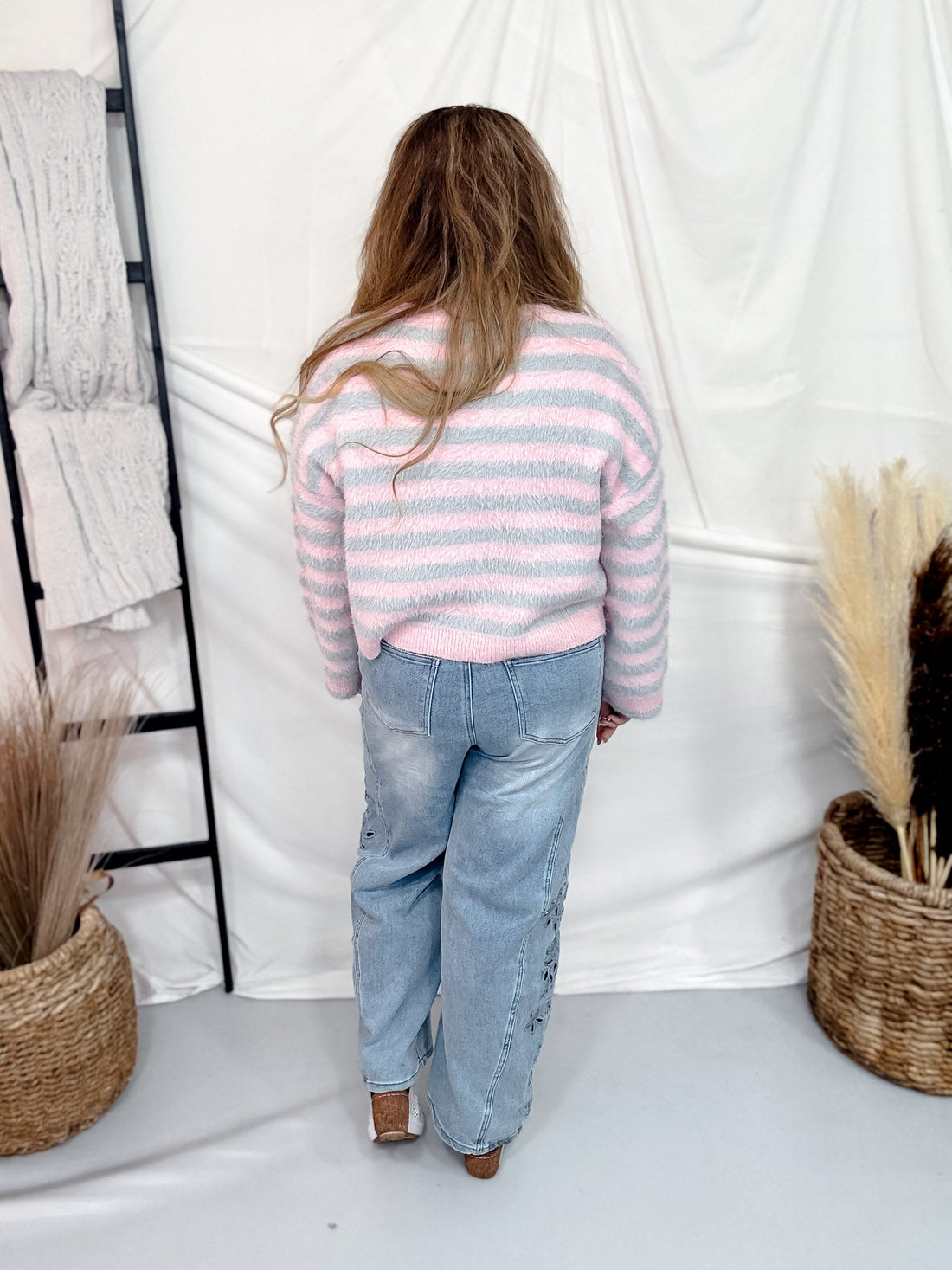 Pink & Grey Long Sleeve Button Down Striped Sweater - Whiskey Skies - DAVI & DANI