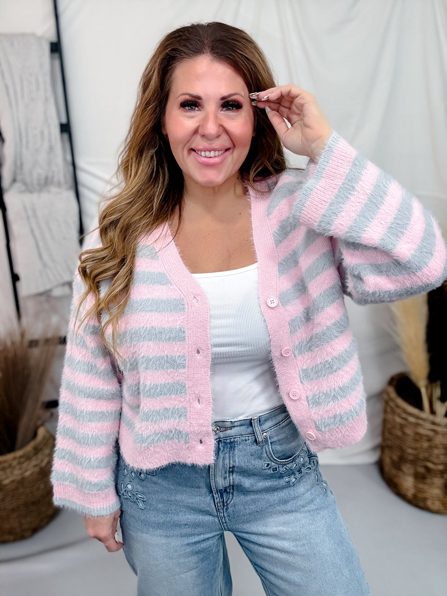 Pink & Grey Long Sleeve Button Down Striped Sweater - Whiskey Skies - DAVI & DANI