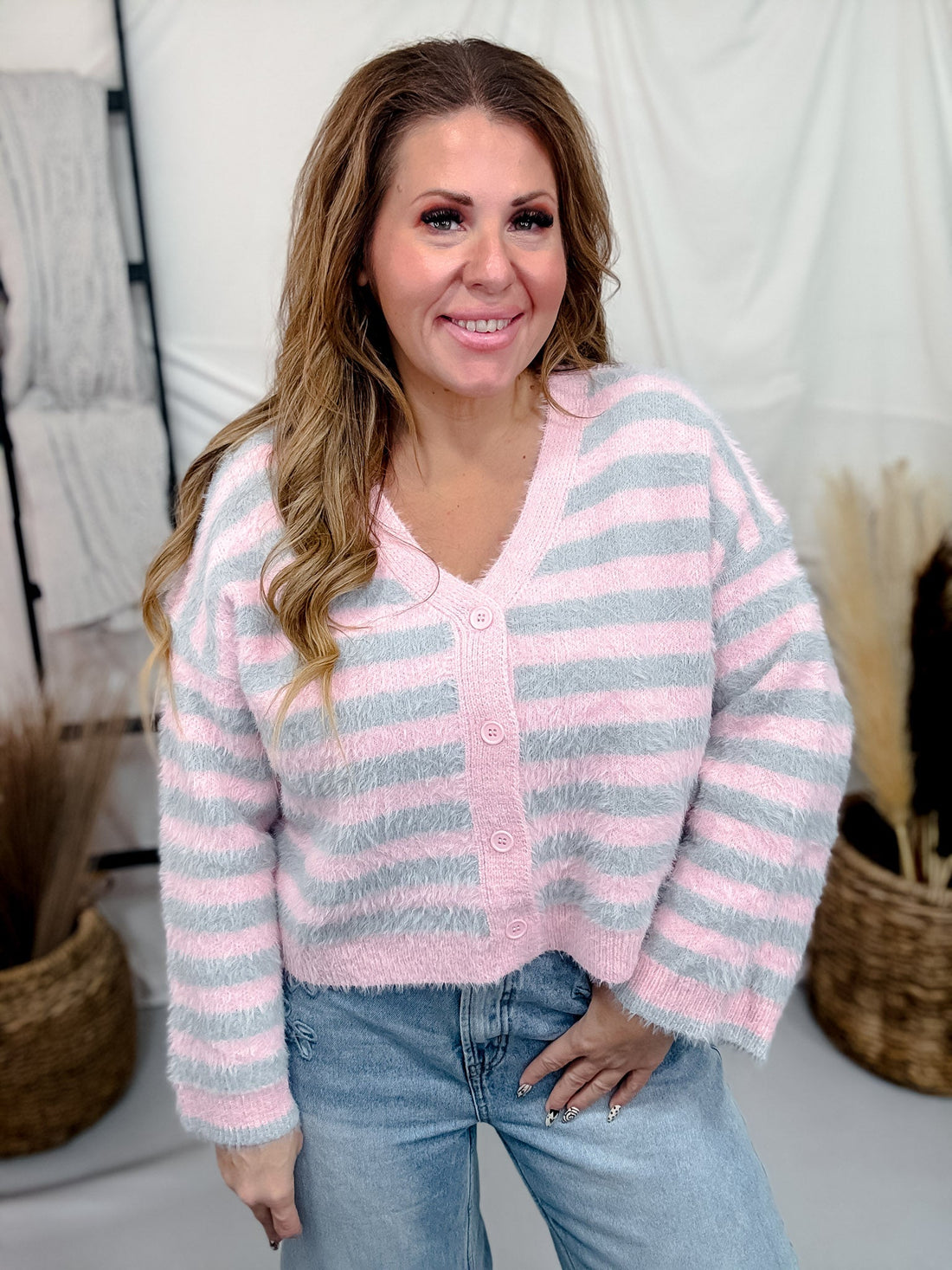 Pink & Grey Long Sleeve Button Down Striped Sweater - Whiskey Skies - DAVI & DANI