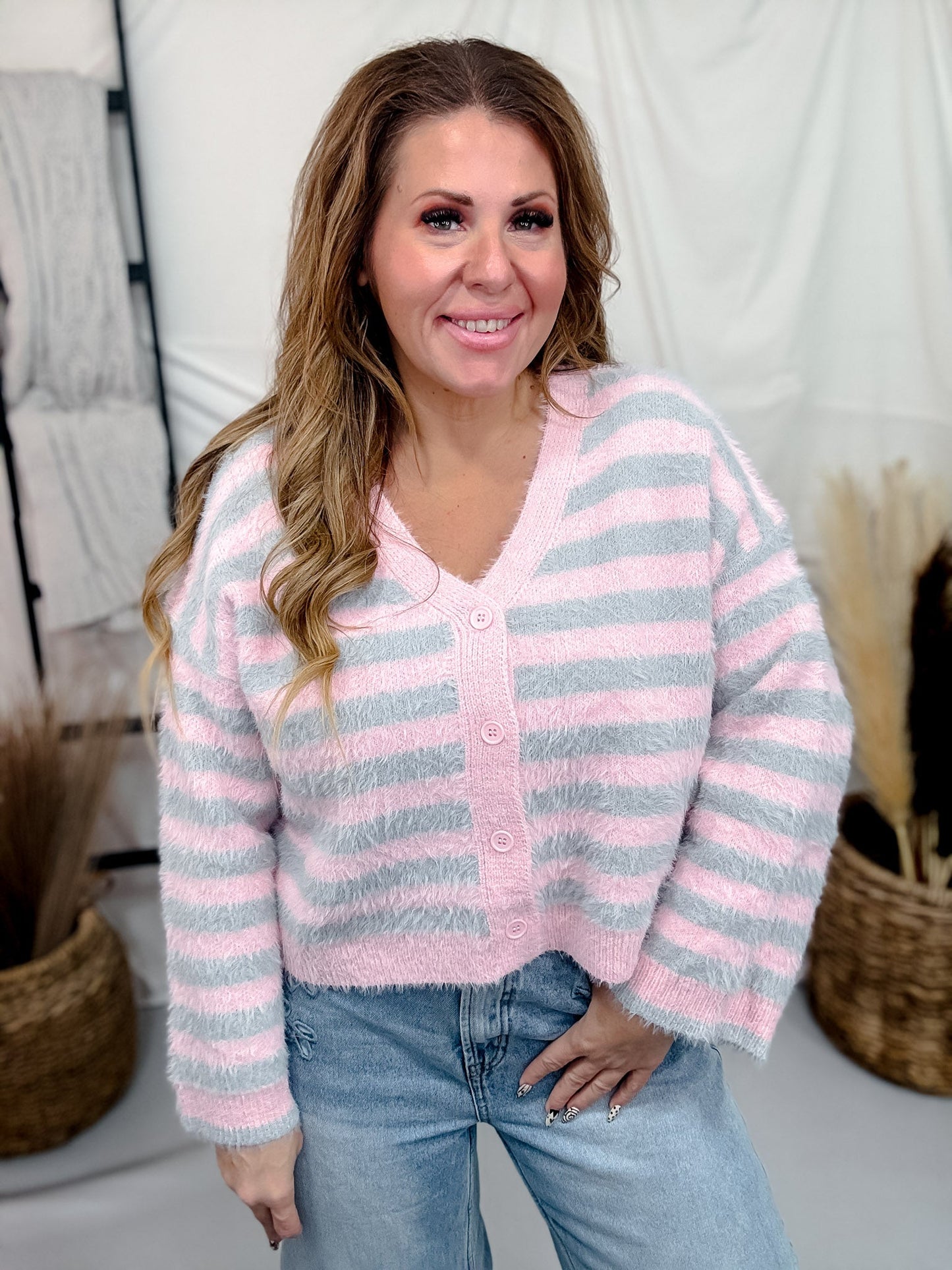 Pink & Grey Long Sleeve Button Down Striped Sweater - Whiskey Skies - DAVI & DANI