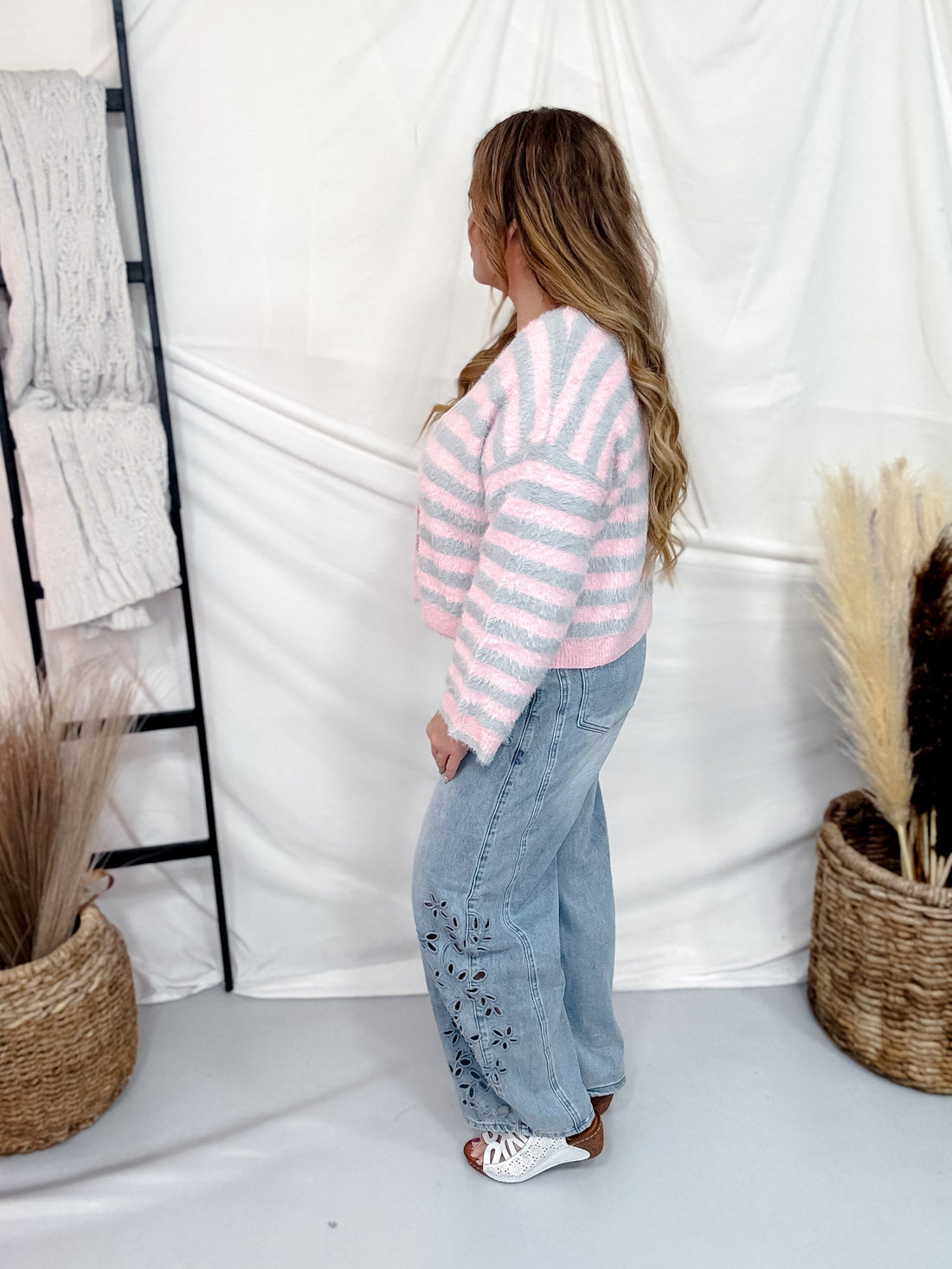 Pink & Grey Long Sleeve Button Down Striped Sweater - Whiskey Skies - DAVI & DANI